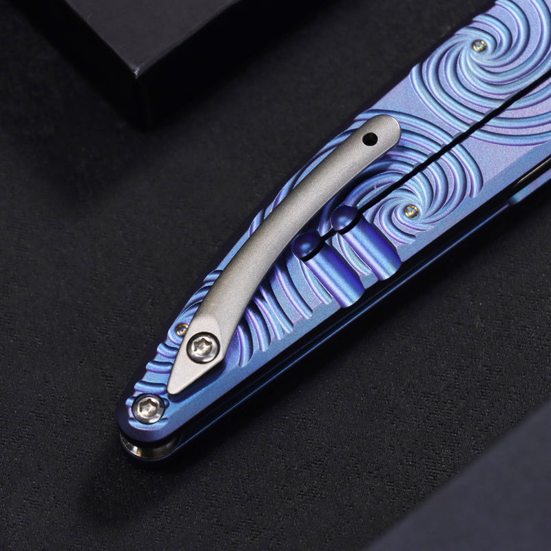 Symétrix | Frame Lock | Blue-Purple Anodized Titanium with Swirl Pattern | 2.85" CPM S35VN | Alain André Design | K2141A4