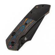 Folded front view presenting premium 80S Camo Carbon Fiber & Titanium ergonomic handle, flagship collectible EDC knife