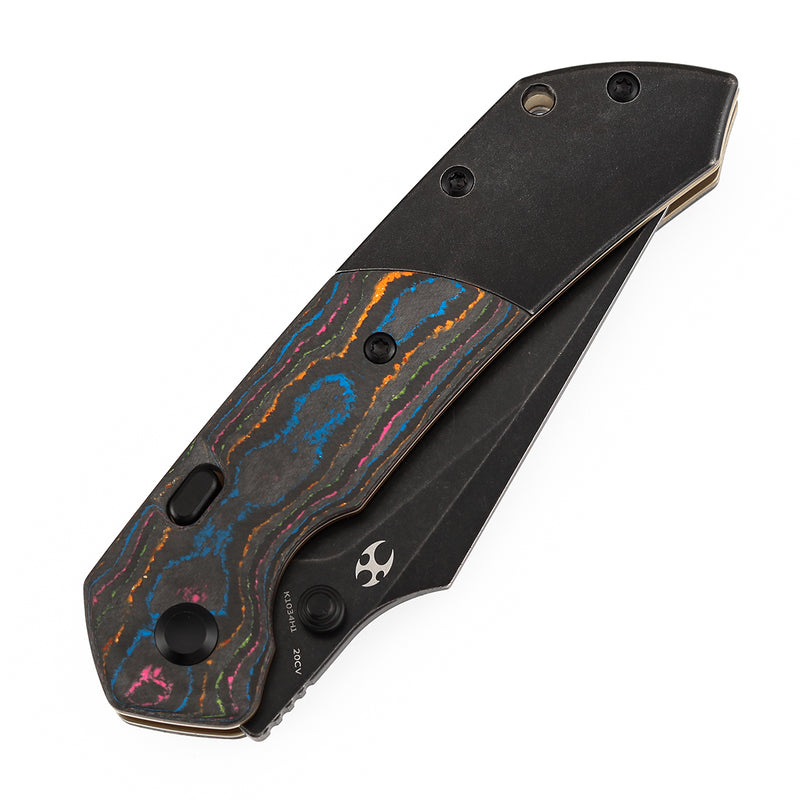 Folded front view presenting premium 80S Camo Carbon Fiber & Titanium ergonomic handle, flagship collectible EDC knife