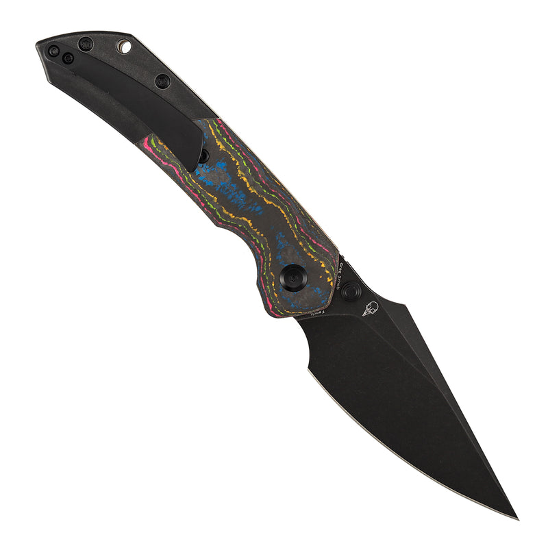 Rear open view showcasing 80S Camo Carbon Fiber & Titanium handle texture and upgraded Top Liner Lock for premium fidget experience