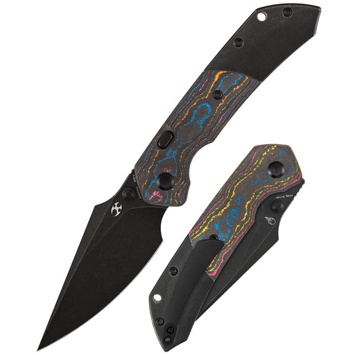 KANSEPT Fenrir K1034H1 flagship folding knife with upgraded Top Liner Lock, 80S Camo Carbon Fiber & Titanium handle, folded front‑back overview with pocket clip, Sparrow Knife Design
