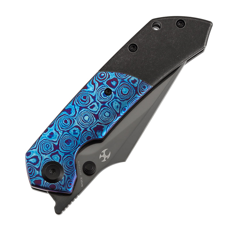 KANSEPT Fenrir K1034A12 folded front, close-up of the overall texture of the Blackwash Titanium handle, simple and elegant, collector-grade appearance