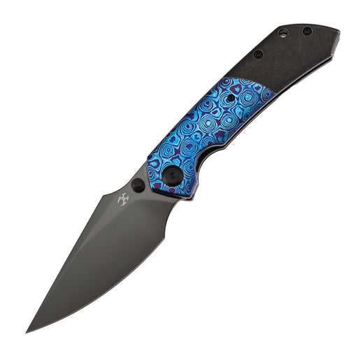 KANSEPT Fenrir K1034A12 open front, close-up of 3.48-inch Mirror DLC CPM S35VN mirror blade, Sparrow Knife design, sharp and durable