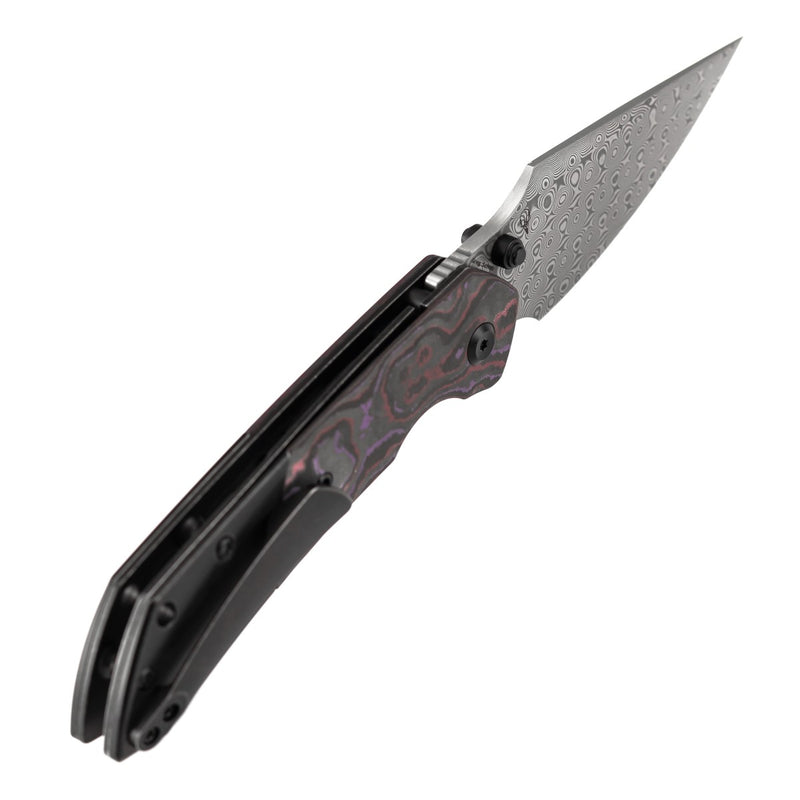 KANSEPT | Fenrir Top Liner Lock | Purple Haze Fatcarbon & Titanium | 3.4" Damascus | Sparrow Knife Design | K1034H3