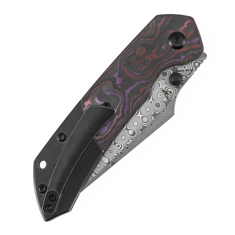 KANSEPT | Fenrir Top Liner Lock | Purple Haze Fatcarbon & Titanium | 3.4" Damascus | Sparrow Knife Design | K1034H3