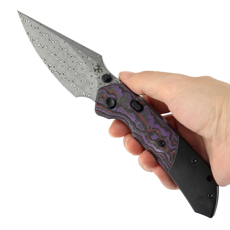 KANSEPT | Fenrir Top Liner Lock | Purple Haze Fatcarbon & Titanium | 3.4" Damascus | Sparrow Knife Design | K1034H3