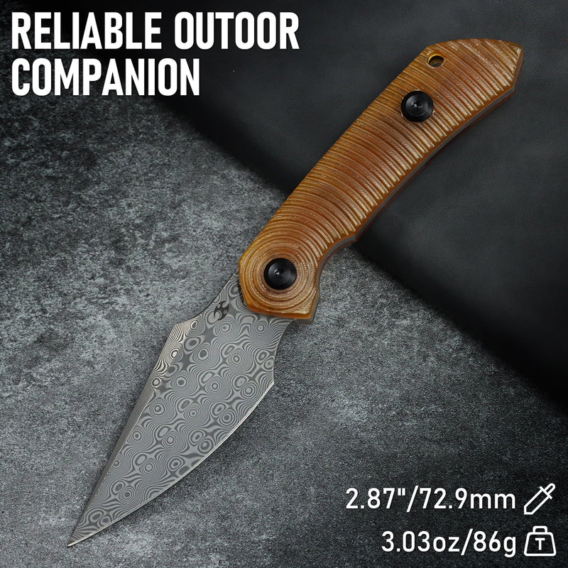 Kansept Fenrir | Fixed Blade | PEI Handle |2.87" Damascus Blade | Sparrow Knife Design | KG3034A1