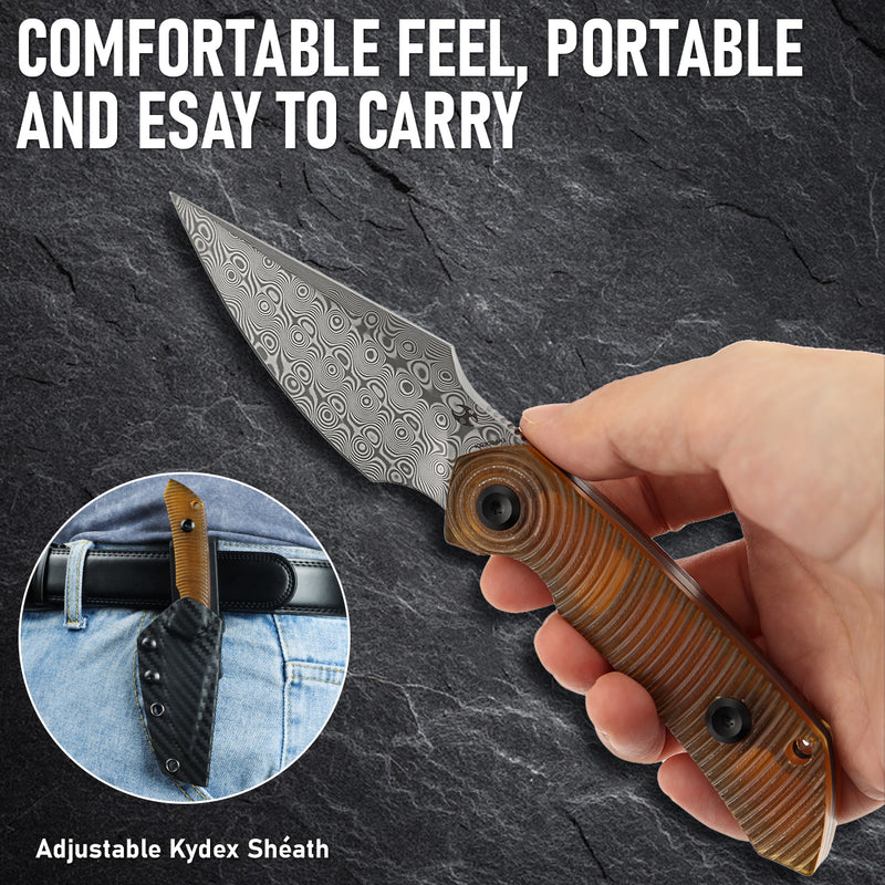 Kansept Fenrir | Fixed Blade | PEI Handle |2.87" Damascus Blade | Sparrow Knife Design | KG3034A1