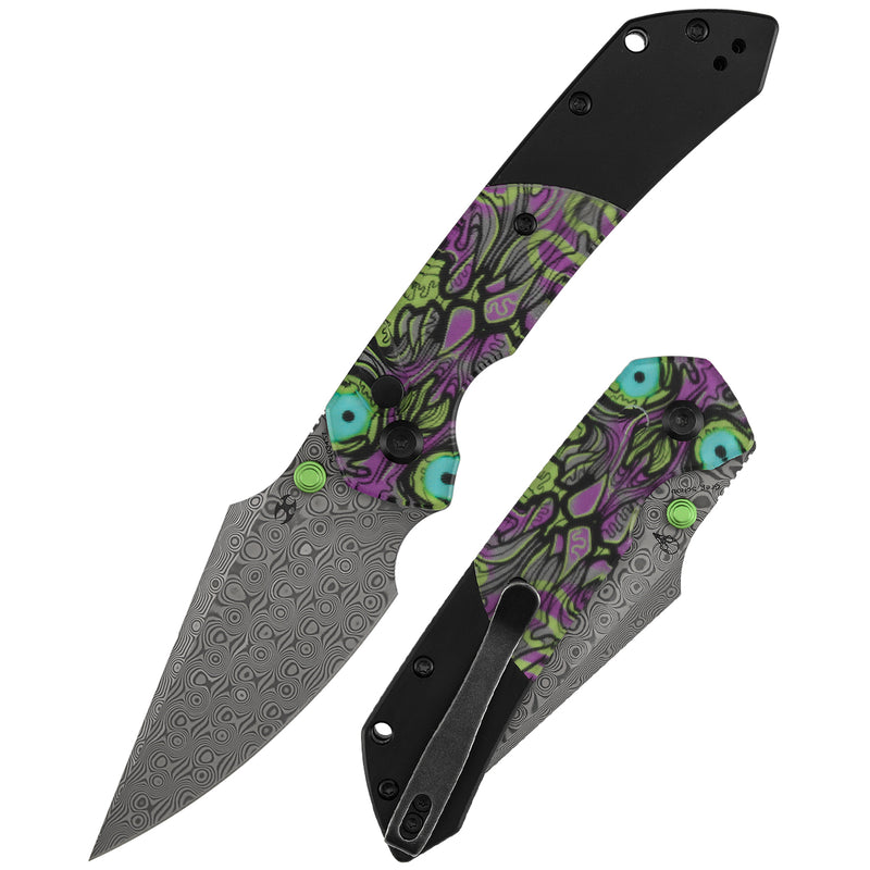 Kansept Fenrir K1034S6 Button Lock Knife, Front and Back Folded Combo, Purple Undead Print PC Handle