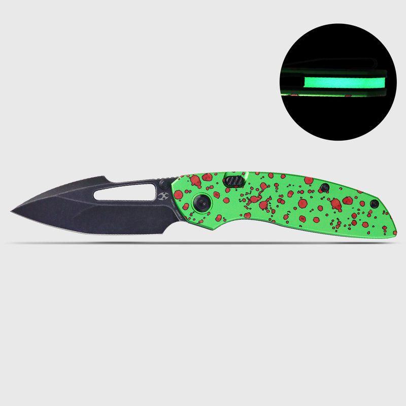 Link | Top Liner Lock | Green Aluminum with Zombie Blood Print | 2.98" 14C28N | Triple Stripe Knives | T1068H3
