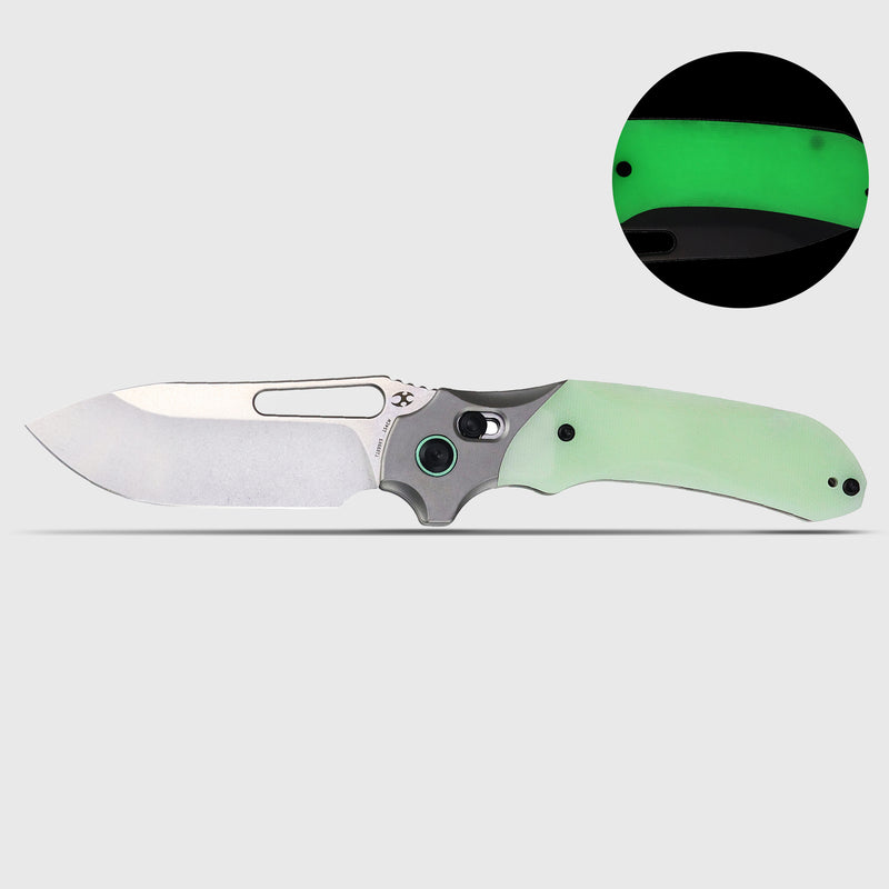 Quasar | Cross Bar Lock | Glow-in-the-Dark Green G10 | 3.38" 154CM | Munko Knives | T1099V5