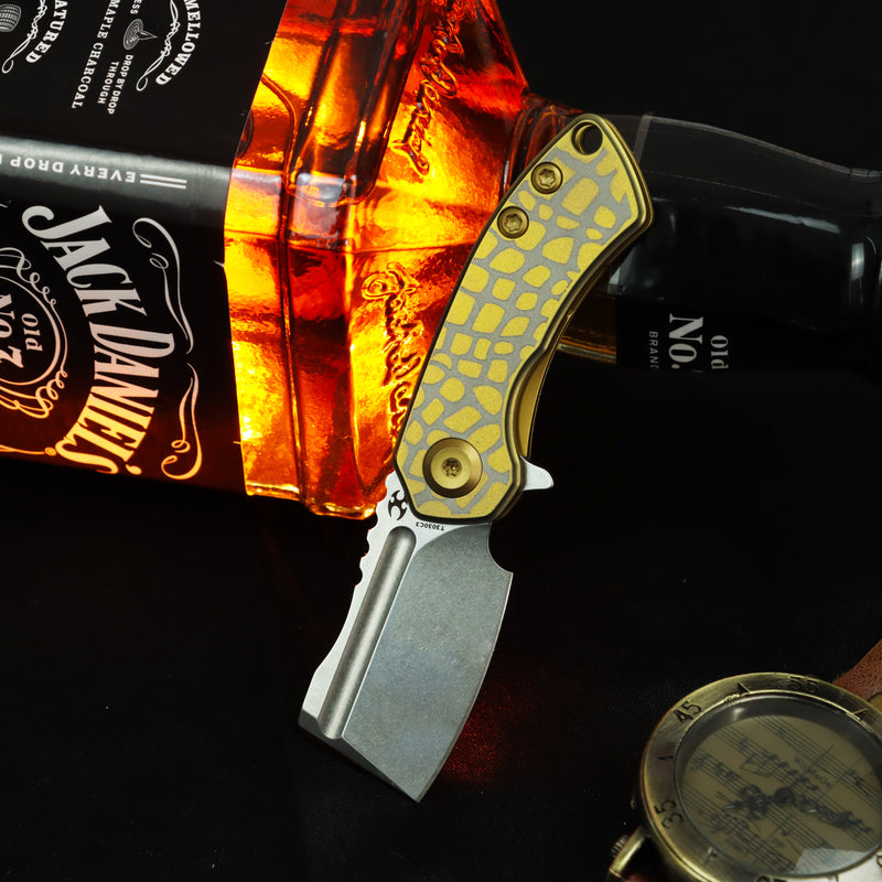 KANSEPT Mini Korvid | Liner Lock |1.45" 154CM Blade | Golden Anodized Titanium with Laser-Etched "Cracked Eggshell" Pattern | Koch Tools Design | T3030C3