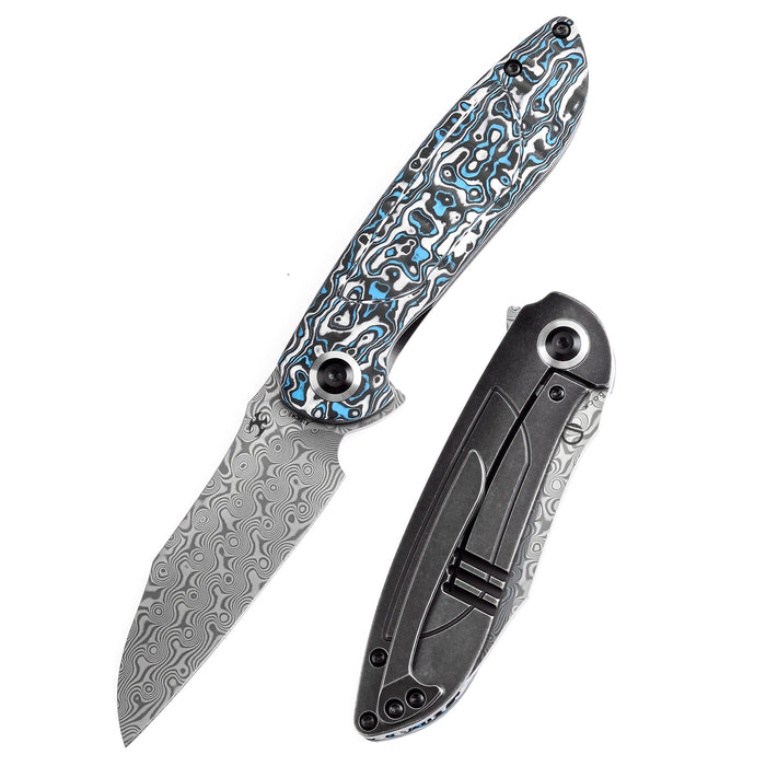 KANSEPT Prometheus Folding Knife Blue Whire Nebula Carbon Fiber Handle(3.29'' Damascus Blade)D.O.C.K. Design-K1040A3