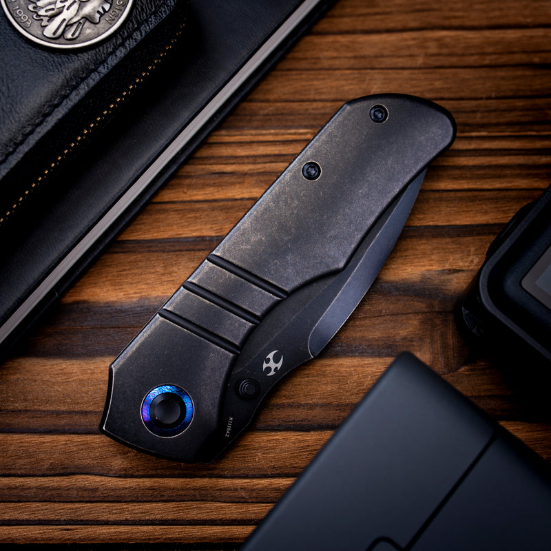 Kansept Mini Lanza | Thumb Stud | Blackwash Titanium &Timascus Pocket Clip | 3.31" CPM 20CV Blade | Brandon Corbin Designed | K1116A2