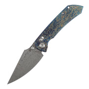 Kansept Fenrir K1034V10 front open view, 3.48 inch acid etched Damascus harpoon blade