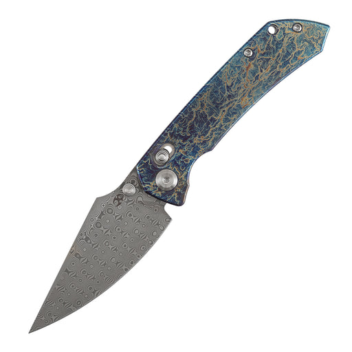 Kansept Fenrir K1034V10 front open view, 3.48 inch acid etched Damascus harpoon blade