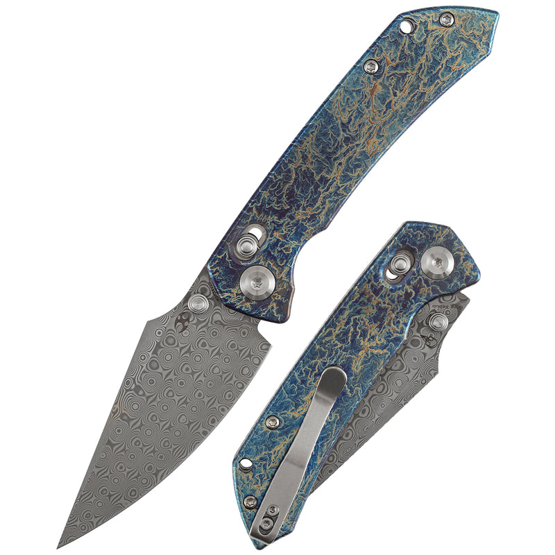 Kansept Fenrir K1034V10 crossbar lock knife with lightning strike titanium handle and acid etched Damascus blade