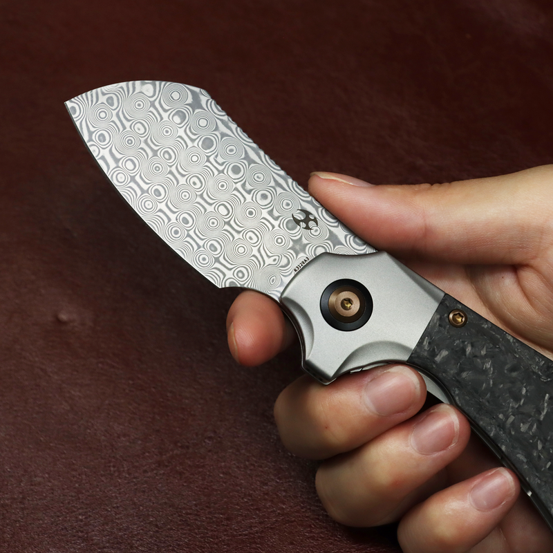 KANSEPT Pluto | Stonewashed Titanium & Shred Carbon Fiber | 2.5" Acid Etched Damascus | Munko Knives Design | K3129A3
