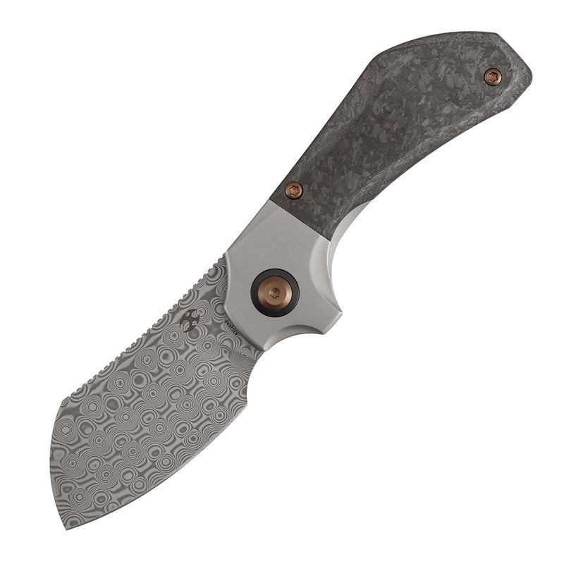 KANSEPT Pluto | Stonewashed Titanium & Shred Carbon Fiber | 2.5" Acid Etched Damascus | Munko Knives Design | K3129A3