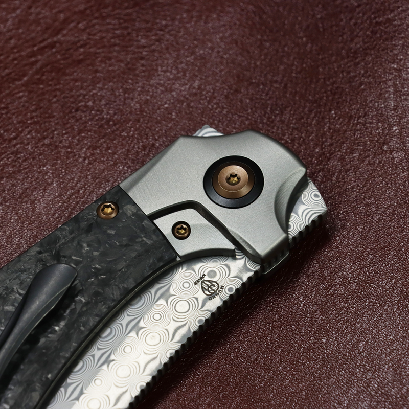 KANSEPT Pluto | Stonewashed Titanium & Shred Carbon Fiber | 2.5" Acid Etched Damascus | Munko Knives Design | K3129A3