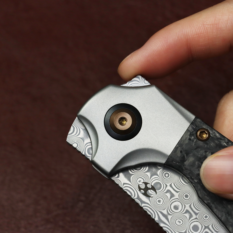 KANSEPT Pluto | Stonewashed Titanium & Shred Carbon Fiber | 2.5" Acid Etched Damascus | Munko Knives Design | K3129A3