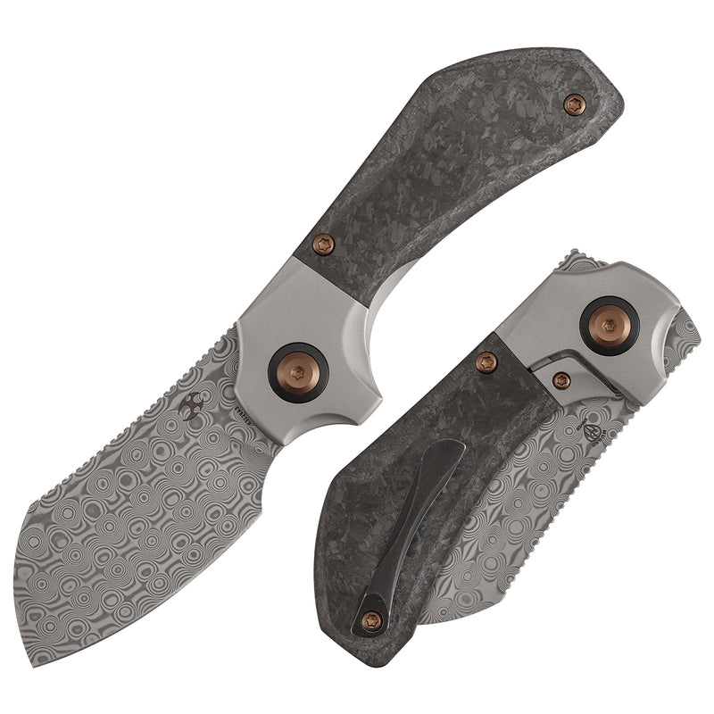 KANSEPT Pluto | Stonewashed Titanium & Shred Carbon Fiber | 2.5" Acid Etched Damascus | Munko Knives Design | K3129A3
