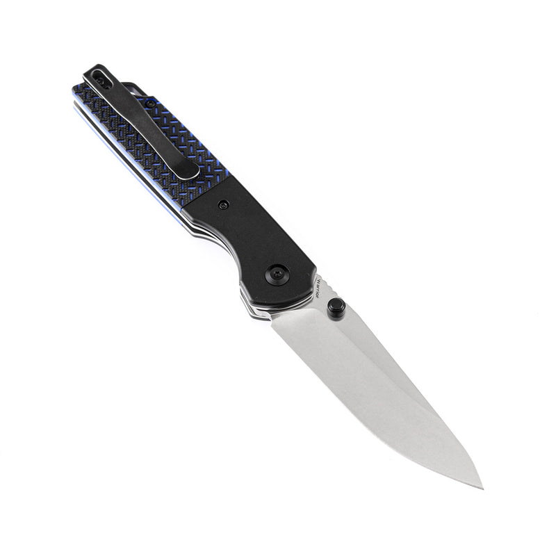 KANSEPT Warrior T1005S1 Stonewashed Drop Point D2 Blade Black Anodized Aluminum Bolster + Black and Blue G10 Handle with Kim Ning Design