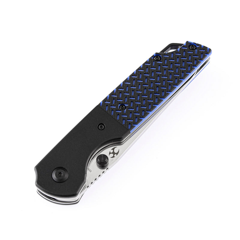 KANSEPT Warrior T1005S1 Stonewashed Drop Point D2 Blade Black Anodized Aluminum Bolster + Black and Blue G10 Handle with Kim Ning Design
