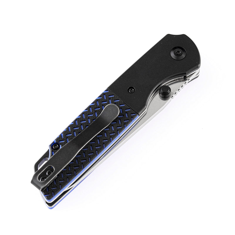KANSEPT Warrior T1005S1 Stonewashed Drop Point D2 Blade Black Anodized Aluminum Bolster + Black and Blue G10 Handle with Kim Ning Design