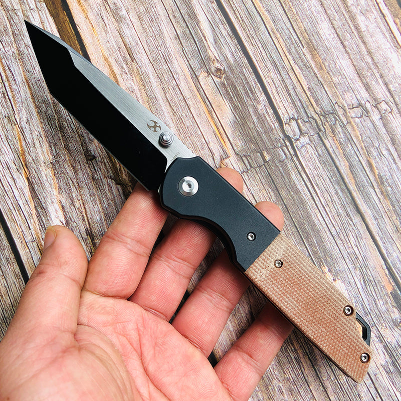 KANSEPT Warrior T1005T5 Black TiCn Coated Machine Rubbed Tanto D2 Blade Black Anodized Aluminum Bolster +Brown Micarta Handle with Kim Ning Design