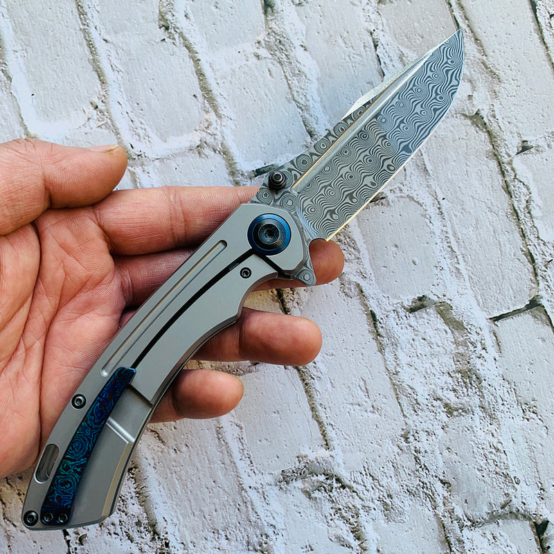 KANSEPT Pretatout K1032D1  Dmascus Blade Stonewashed Titanium Handle with Kmaxrom Design