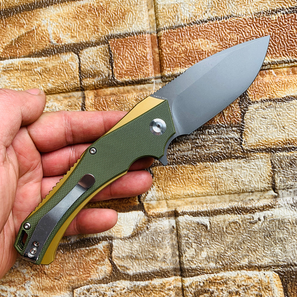 KANSEPT Mini Hellx T2008A2 Gray TiCn Coated D2 Blade Olive Green