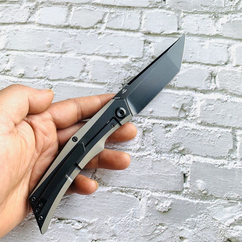 Kansept Knife Naska K1035T2 Black Stonewashed CPM-S35VN Tanto Blade Black Anodized and Plain Titanium Handle with APK Designs
