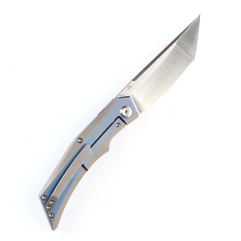 Kansept Knife Naska Satin CPM-S35VN Tanto Blade Blue Anodized and Plain Titanium Handle with APK Designs- K1035T3